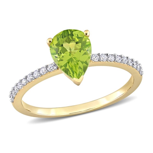 GEM AND HARMONY  1 1/7 Carat (Ctw) Peridot Pear Ring 14K Gold With Diamonds In Yellow