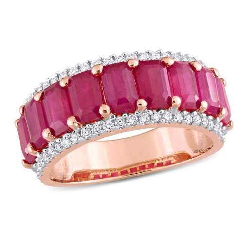 GEM AND HARMONY  3 1/3 Carat (Ctw) Created Ruby Eternity Band Ring In 14K Rose With Diamonds In Gold