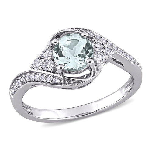 GEM AND HARMONY  7/8 Carat (Ctw) Aquamarine And Topaz Swirl Ring In 10K Gold With Diamonds In White