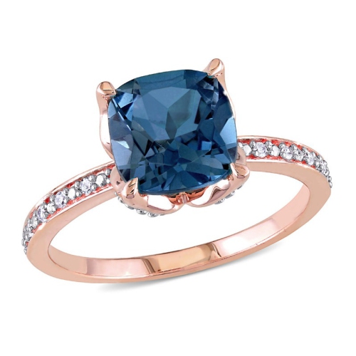 GEM AND HARMONY  2.60 Carat (Ctw) London Topaz Ring In 10K Rose Pink Gold With Accent Diamonds In Blue