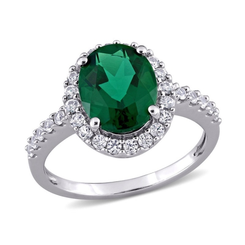 3.30 Carat Lab-Created Emerald Ring in 10K White Gold with White Sapphires