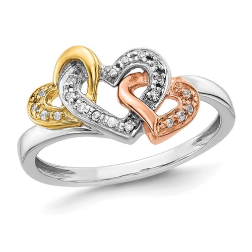 GEM AND HARMONY  1/12 Carat (Ctw) Accent Diamond Triple Heart Ring In 14K White, Rose And Gold In Yellow