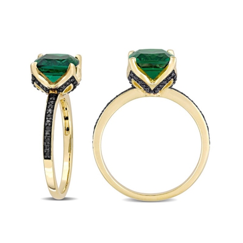 1.60 Carat Lab-Created Emerald Ring in 10K Yellow Gold with Black Diamonds