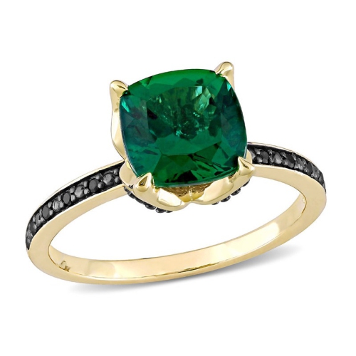 GEM AND HARMONY  1.60 Carat (Ctw) Lab-Created Emerald Ring In 10K Gold With Black Diamonds In Yellow