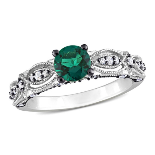 GEM AND HARMONY  1.19 Carat (Ctw) Lab-Created Emerald And Sapphire Ring In 10K Gold With Accent Diamonds In White