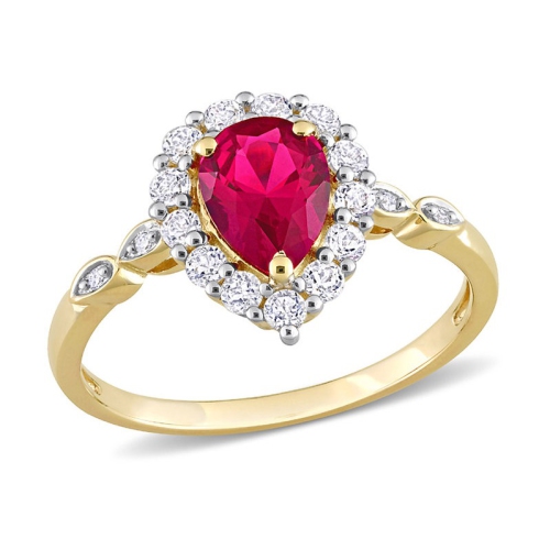 GEM AND HARMONY  2.38 Carat (Ctw) Lab-Created Ruby Pear Engagement Ring With White Topaz In 10K Gold In Yellow