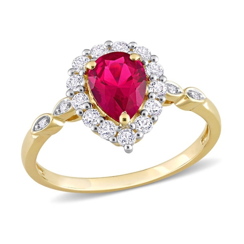 2.38 Carat Lab-Created Ruby Pear Engagement Ring with White Topaz in 10K Yellow Gold