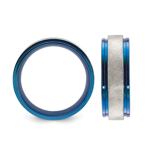 Mens Titanium Brushed Blue Plated Band Ring