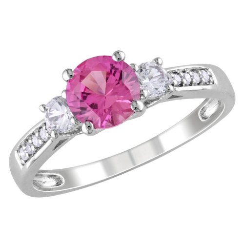 GEM AND HARMONY  1.40 Carat (Ctw) Lab-Created Pink And Sapphire Three Stone Ring With Diamonds In 10K Gold In White