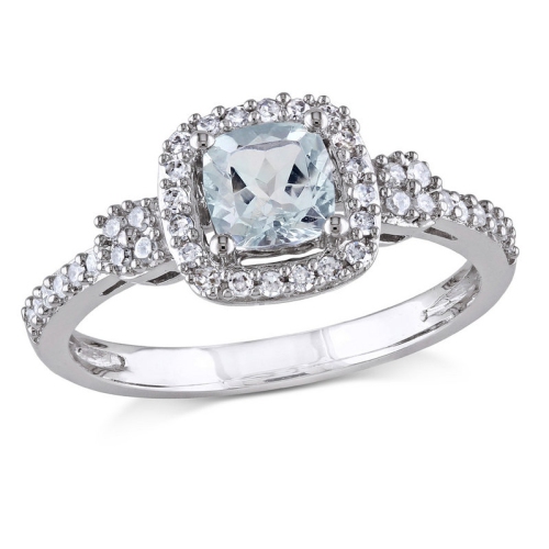 GEM AND HARMONY  7/10 Carat (Ctw) Light Aquamarine Ring With Diamond Halo In 10K Gold In White