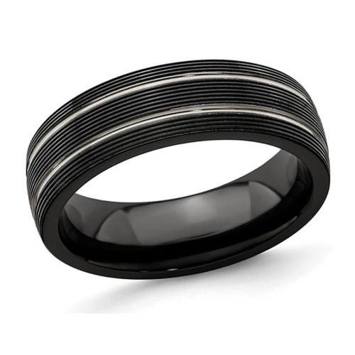 GEM AND HARMONY  Mens Titanium Textured Groove Band Ring (7Mm) In Black