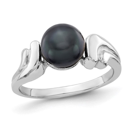 GEM AND HARMONY  Black Freshwater Cultured Pearl Ring 7MM In 14K Gold (Size 6) In White