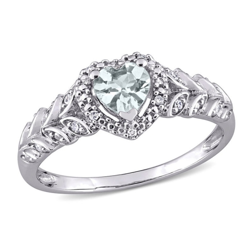 GEM AND HARMONY  1/3 Carat (Ctw) Aquamarine Heart Ring In 10K Gold With Accent Diamonds In White