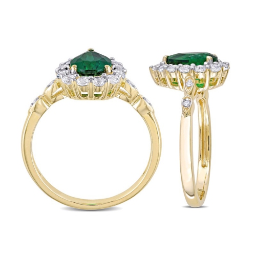 1.67 Carat Lab-Created Green Emerald and White Topaz Halo Ring in 10K Yellow Gold