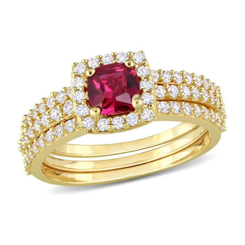 GEM AND HARMONY  1 1/2 Carat (Ctw) Lab-Created Ruby And White Sapphire With Diamond Bridal Wedding Set Engagement Ring Plated Silver In Yellow