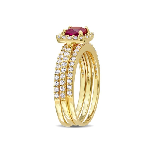 1 1/2 Carat Lab-Created Ruby and White Sapphire with Diamond Bridal Wedding Set Engagement Ring Yellow Plated Silver