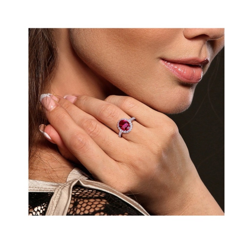 4 3/4 Carat Lab-Created Ruby and White Sapphire Halo Engagement Ring in 10K White Gold