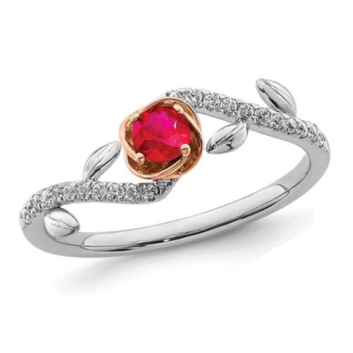 GEM AND HARMONY  1/4 Carat (Ctw) Ruby Rose Flower Ring In 14K Gold With Diamonds In White