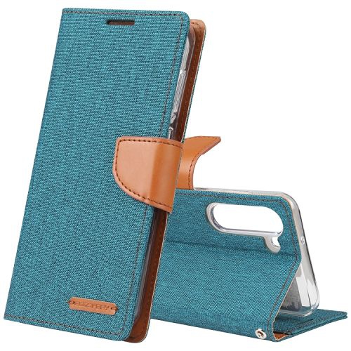 TopSave Goospery CANVAS Card Slot w/Magnetic Clip Denim Cloth Folio Wallet Flip For Samsung Galaxy S24 6.2", Green