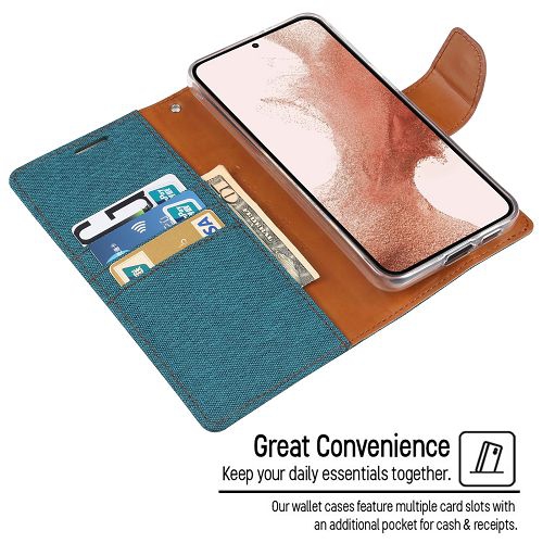 TopSave Goospery CANVAS Card Slot w/Magnetic Clip Denim Cloth Folio Wallet Flip For Samsung Galaxy S24 6.2", Green