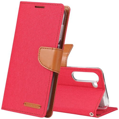 TopSave Goospery CANVAS Card Slot w/Magnetic Clip Denim Cloth Folio Wallet Flip For Samsung Galaxy S24 6.2", Red