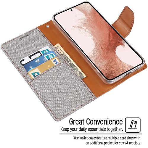 TopSave Goospery CANVAS Card Slot w/Magnetic Clip Denim Cloth Folio Wallet Flip For Samsung Galaxy S24 6.2", Gray