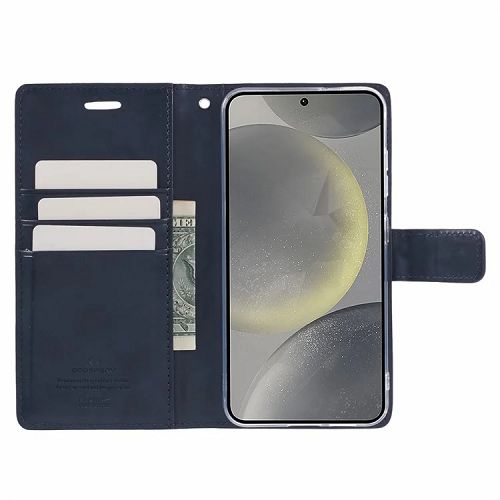 TopSave Goospery BLUEMOON Card Slot w/Magnetic Clip Leather Folio Wallet Flip For Samsung Galaxy S24 6.2", Navy Blue