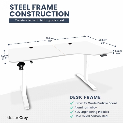 MotionGrey Ergo2 – Bureau debout électrique droit ajustable en L avec réglages de mémoire – Cadre blanc supérieur 63 x 24&nbsp;po – Bureau