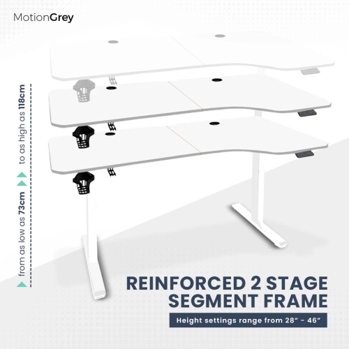 MotionGrey Ergo2 – Bureau debout électrique droit ajustable en L avec réglages de mémoire – Cadre blanc supérieur 63 x 24&nbsp;po – Bureau
