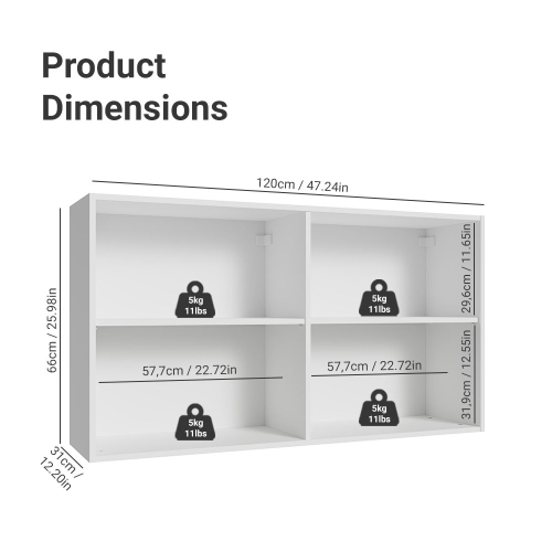 Madesa Hazel Wall Kitchen Storage Cupboard Cabinet with 2 Doors and Shelves 48 Inch Organization Unit for Pantry - White