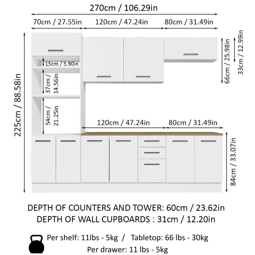 Madesa Full Set Hazel Kitchen Storage Cabinet 107 Inch Organization Unit with Multiple Compartments - White/Brown