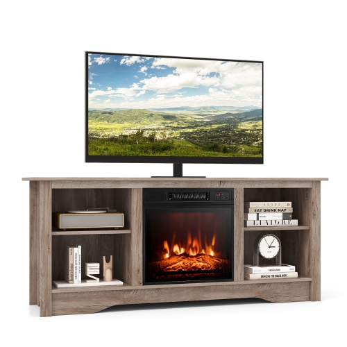 GYMAX  58" Tv Stand W/ 18" Electric Fireplace Heater 3-Adjustable Shelves for 65" Tv