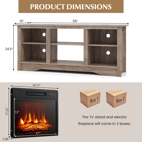 Gymax 58'' TV Stand w/ 18'' Electric Fireplace Heater 3-Adjustable Shelves for 65'' TV