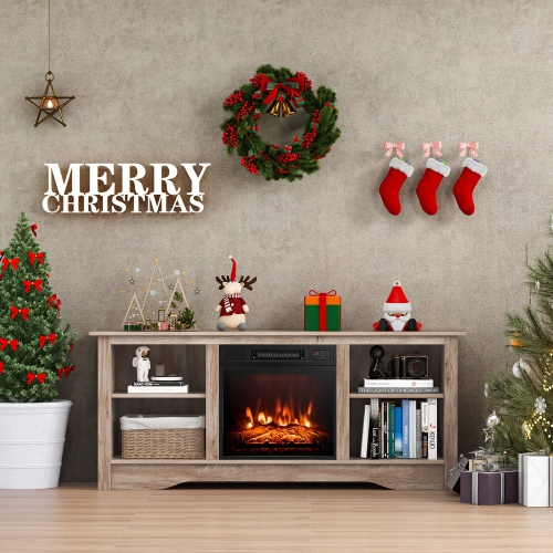 Gymax 58'' TV Stand w/ 18'' Electric Fireplace Heater 3-Adjustable Shelves for 65'' TV