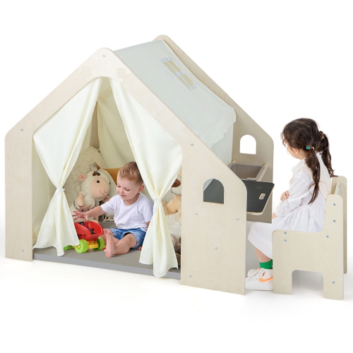 Gymax 6-in-1 Kids Playhouse Wooden Indoor Play Tent w/ Blackboard Desk Table Chair