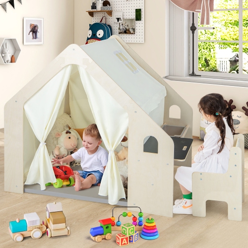 Gymax 6-in-1 Kids Playhouse Wooden Indoor Play Tent w/ Blackboard Desk Table Chair