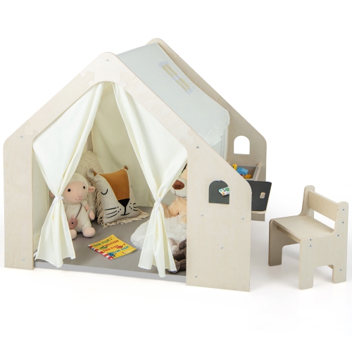 Gymax 6-in-1 Kids Playhouse Wooden Indoor Play Tent w/ Blackboard Desk Table Chair