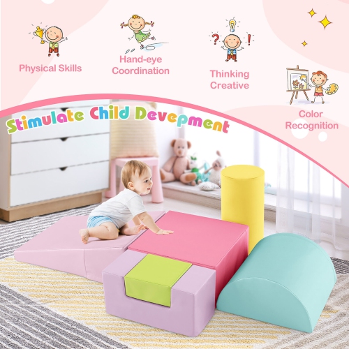 Gymax 6 PCS Kids Climber Play Set Indoor Foam Climb & Crawl Activity Blocks w/ Cover