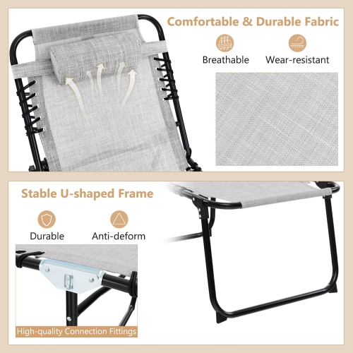 Gymax 2 PCS Folding Chaise Lounge Portable Lay Flat Reclining Chair w/ 4-Level Backrest Side Pocket