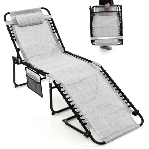 Gymax 2 PCS Folding Chaise Lounge Portable Lay Flat Reclining Chair w/ 4-Level Backrest Side Pocket