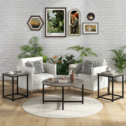 Gymax Round Nesting Table Set of 3 Coffee Table w/ 2 End Tables Sturdy Metal Frame