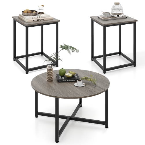 Gymax Round Nesting Table Set of 3 Coffee Table w/ 2 End Tables Sturdy Metal Frame