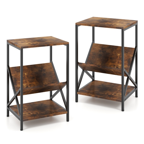 GYMAX  2 PCs Industrial Side Table 3-Tier End Table W/ V-Shaped Magazine Holder Rustic In Brown