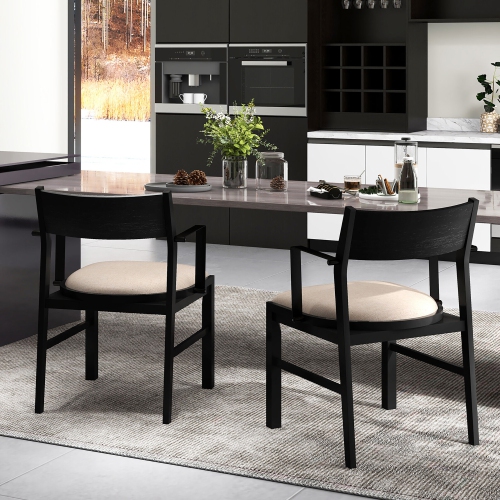 Gymax Dining Chair w/ Arms Set of 4 Modern Kitchen Chairs w/ Contoured Backrest Black & Beige