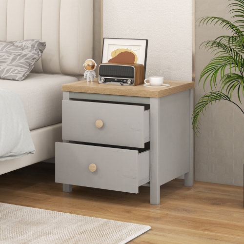 Gymax Nightstand Farmhouse Side End Table w/ Solid Wood Legs & 2 Drawers for Bedroom