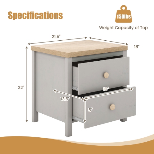 Gymax Nightstand Farmhouse Side End Table w/ Solid Wood Legs & 2 Drawers for Bedroom