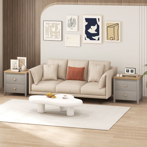 Gymax Nightstand Farmhouse Side End Table w/ Solid Wood Legs & 2 Drawers for Bedroom