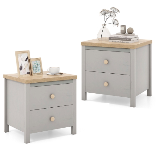 Gymax 2 PCS Nightstand Farmhouse Side End Table w/ Solid Wood Legs & 2 Drawers