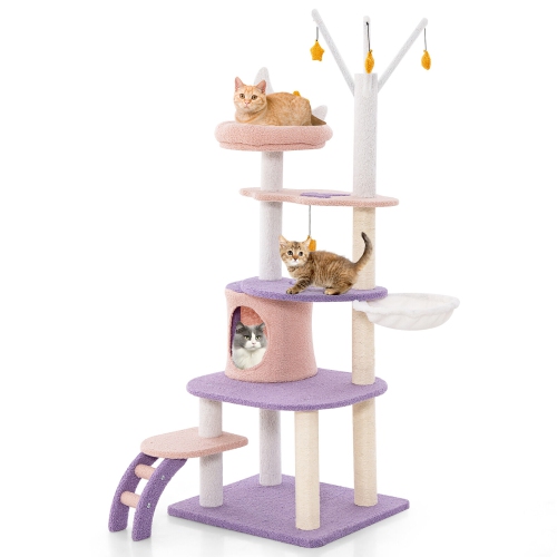 GYMAX  62" Cute Cat Tree Tower W/ Ladder Sisal Covered Scratching Posts Indoor In Purple