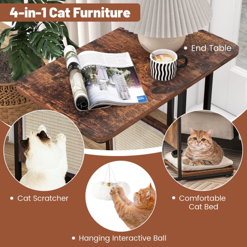 Gymax Cat Tree & C- Shaped Cat Side Table w/ Scratching Board Hanging Toy Rustic Brown